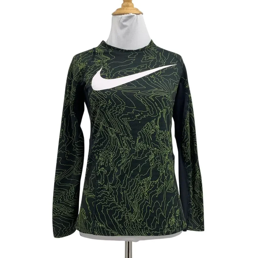 Nike Pro Shirt Boys L Large Black Lime Fitted Matrix Camo Dri Fit Compression